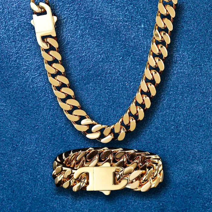 IceZeusShop PreStyled Sets 18k Gold Plated 9mm Stainless Steel Spring Buckle Cuban Chain IceZeusShop PreStyled Sets 18k Gold Plated 9mm Stainless Steel Spring Buckle Cuban Chain