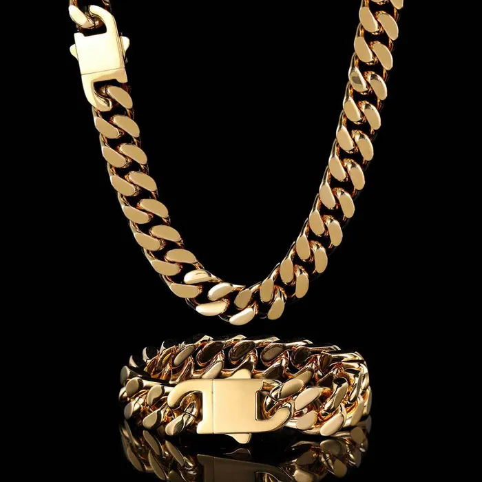 IceZeusShop PreStyled Sets 18k Gold Plated 9mm Stainless Steel Spring Buckle Cuban Chain IceZeusShop PreStyled Sets 18k Gold Plated 9mm Stainless Steel Spring Buckle Cuban Chain