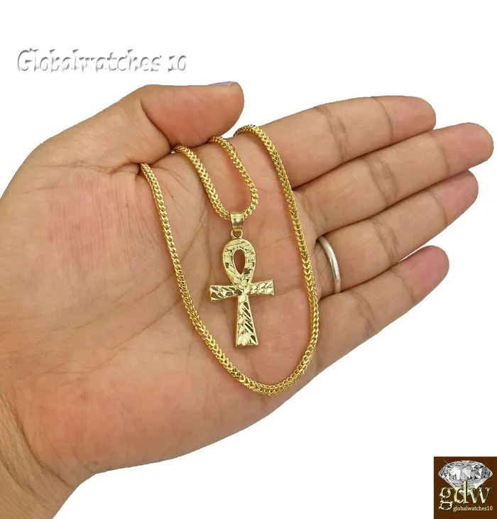 10k Gold Ankh Cross Charm Pendant Franco Chain 22 24 26 28 Real Gold and Diamond Necklaces