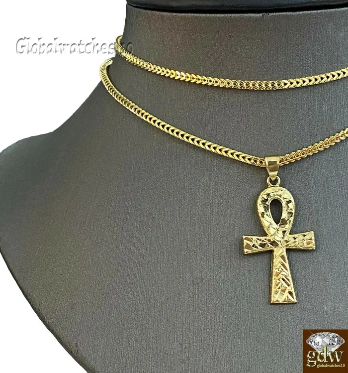 10k Gold Ankh Cross Charm Pendant Franco Chain 22 24 26 28 Real Gold and Diamond Necklaces
