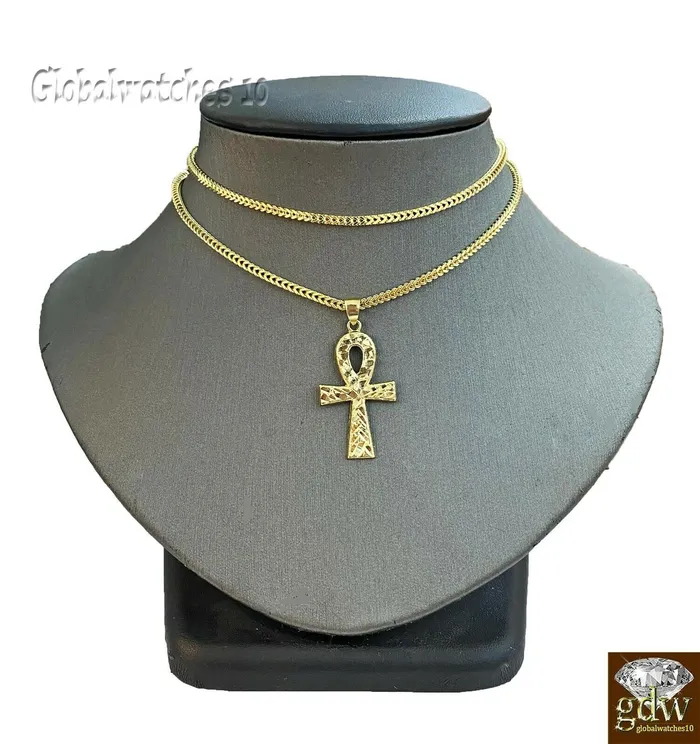 10k Gold Ankh Cross Charm Pendant Franco Chain 22 24 26 28 Real Gold and Diamond Necklaces