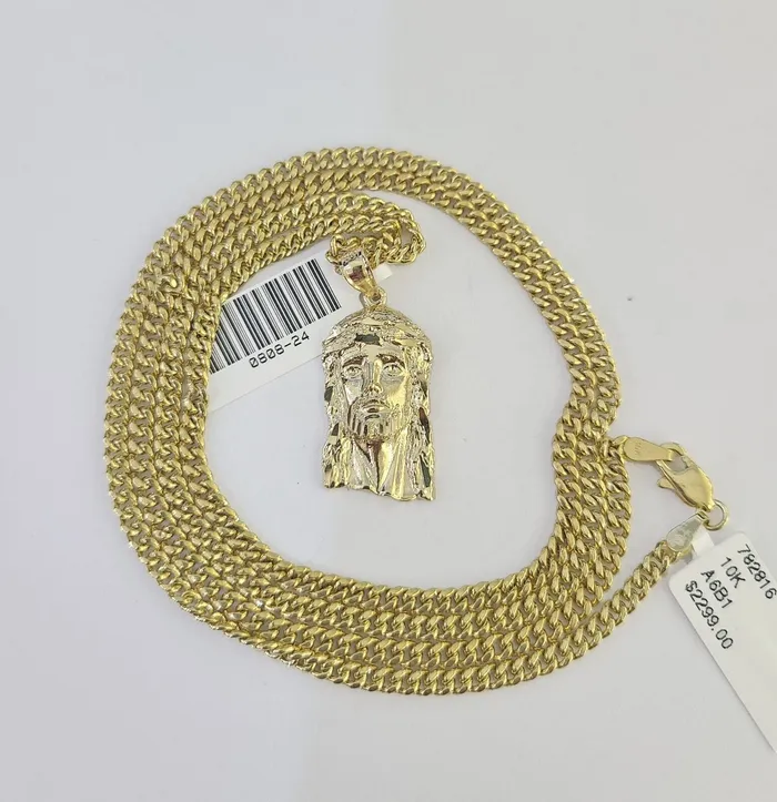 10K Gold Miami Cuban Chain Jesus Head Charm 1830 3mm REAL Pendant Gold and Diamond Charm Necklaces