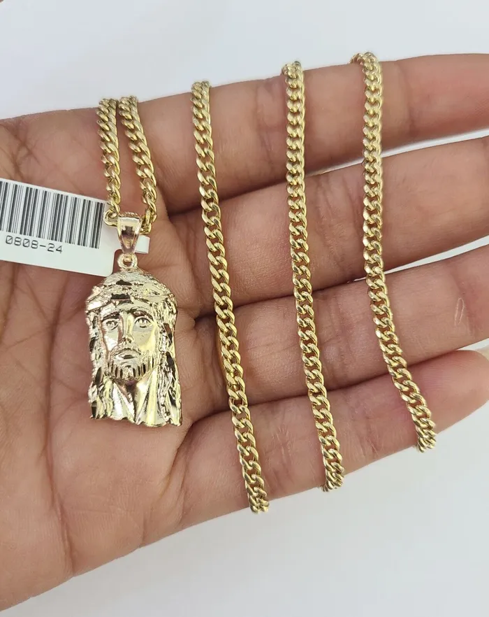 10K Gold Miami Cuban Chain Jesus Head Charm 1830 3mm REAL Pendant Gold and Diamond Charm Necklaces