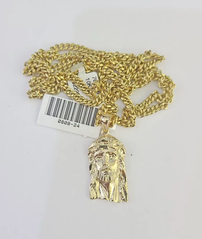10K Gold Miami Cuban Chain Jesus Head Charm 1830 3mm REAL Pendant Gold and Diamond Charm Necklaces