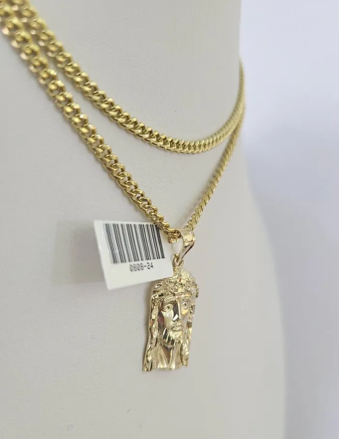 10K Gold Miami Cuban Chain Jesus Head Charm 1830 3mm REAL Pendant Gold and Diamond Charm Necklaces