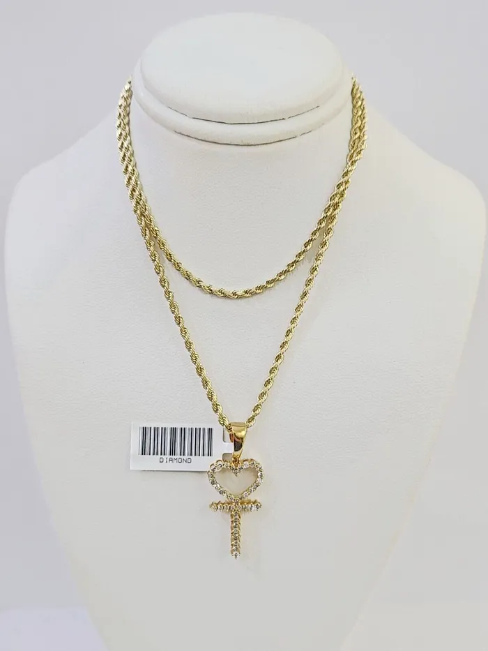Necklaces 10k Gold Diamond Heart with Cross Pendent and 25mm 20 Inches Rope Chain Gold and Diamond