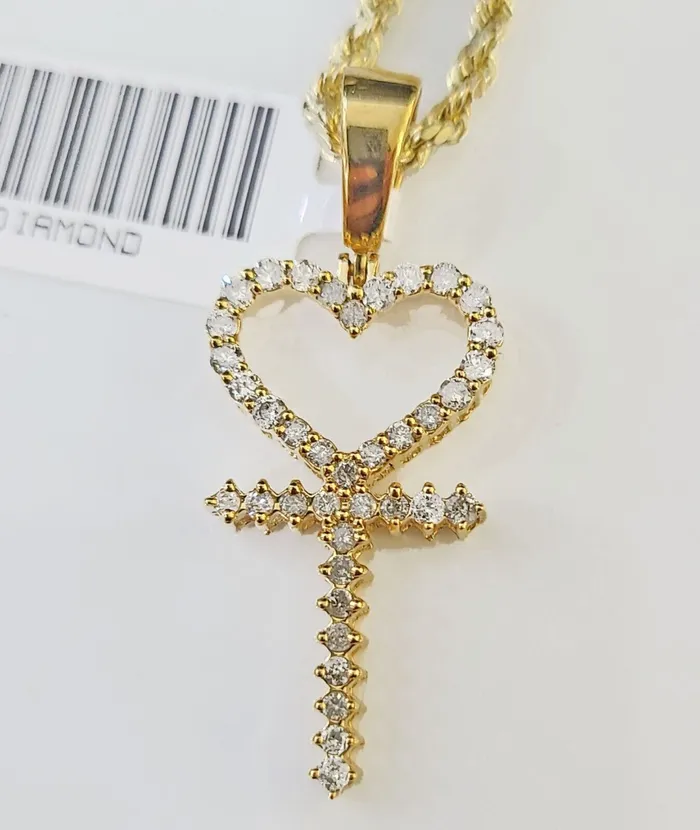 Necklaces 10k Gold Diamond Heart with Cross Pendent and 25mm 20 Inches Rope Chain Gold and Diamond