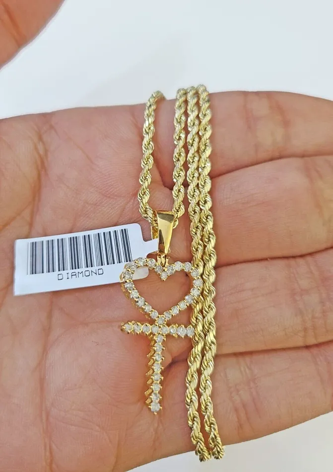 Necklaces 10k Gold Diamond Heart with Cross Pendent and 25mm 20 Inches Rope Chain Gold and Diamond