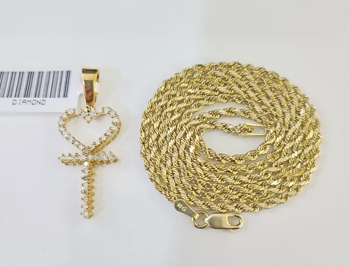 Necklaces 10k Gold Diamond Heart with Cross Pendent and 25mm 20 Inches Rope Chain Gold and Diamond