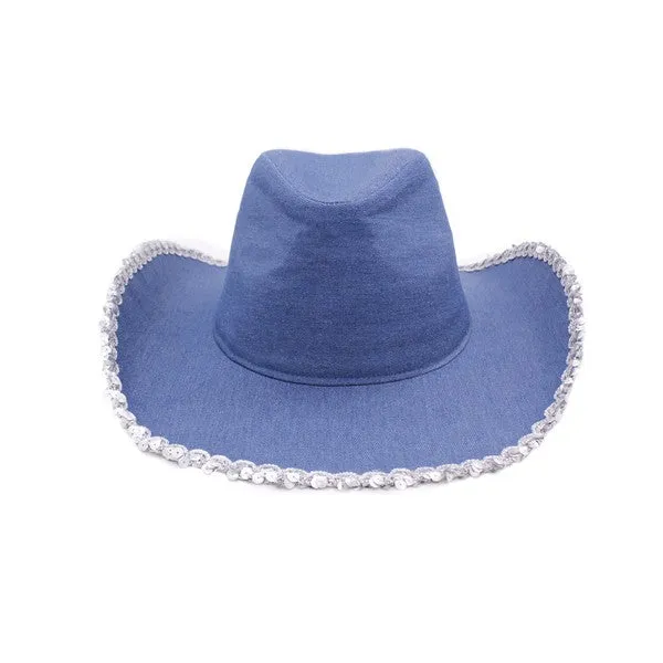 Bella Chic Rings Silver Sequin Trim Denim Cowboy Hat