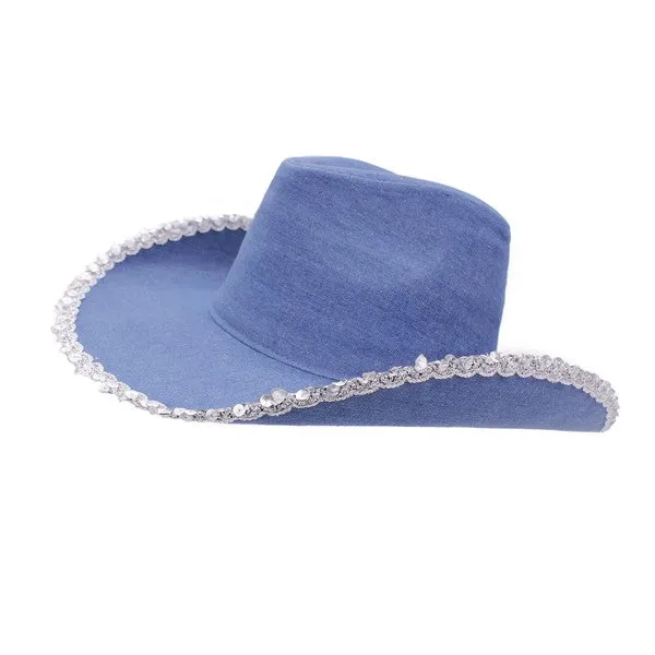 Bella Chic Rings Silver Sequin Trim Denim Cowboy Hat