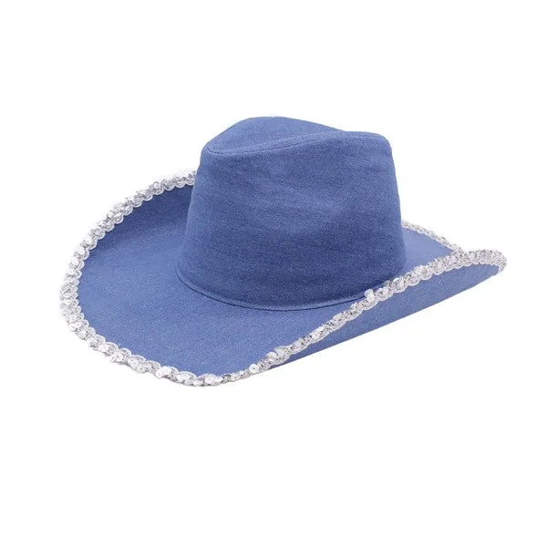 Bella Chic Rings Silver Sequin Trim Denim Cowboy Hat