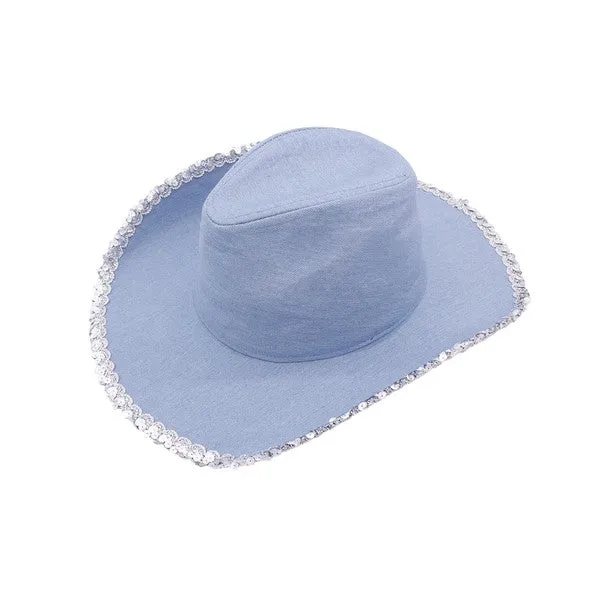 Bella Chic Rings Silver Sequin Trim Denim Cowboy Hat