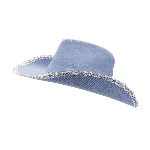 Bella Chic Rings Silver Sequin Trim Denim Cowboy Hat