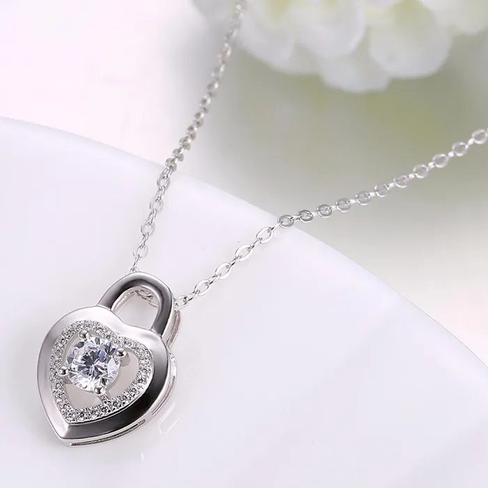 customjewelryan Necklaces Heart Lock Shape Cubic Zirconia 925 Sterling Silver Necklaces Pendants Fashion Party Jewelry For Women
