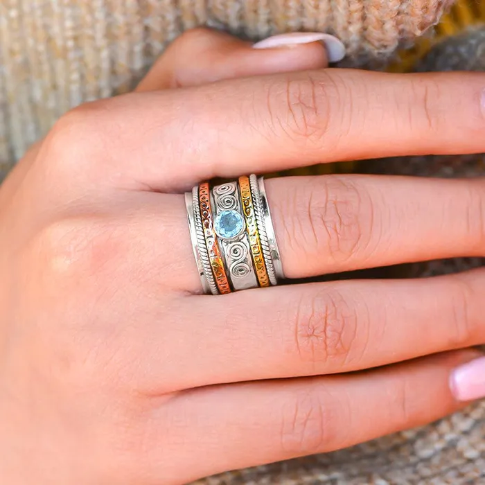 Natural Blue Topaz Solid 925 Sterling Silver Brass Copper Meditation Spinning Ring Jewelry YoTreasure Rings