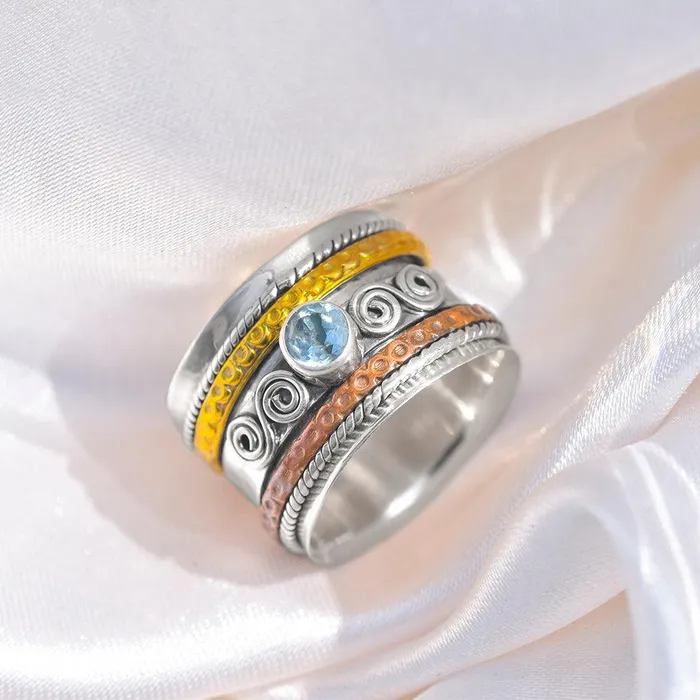 Natural Blue Topaz Solid 925 Sterling Silver Brass Copper Meditation Spinning Ring Jewelry YoTreasure Rings