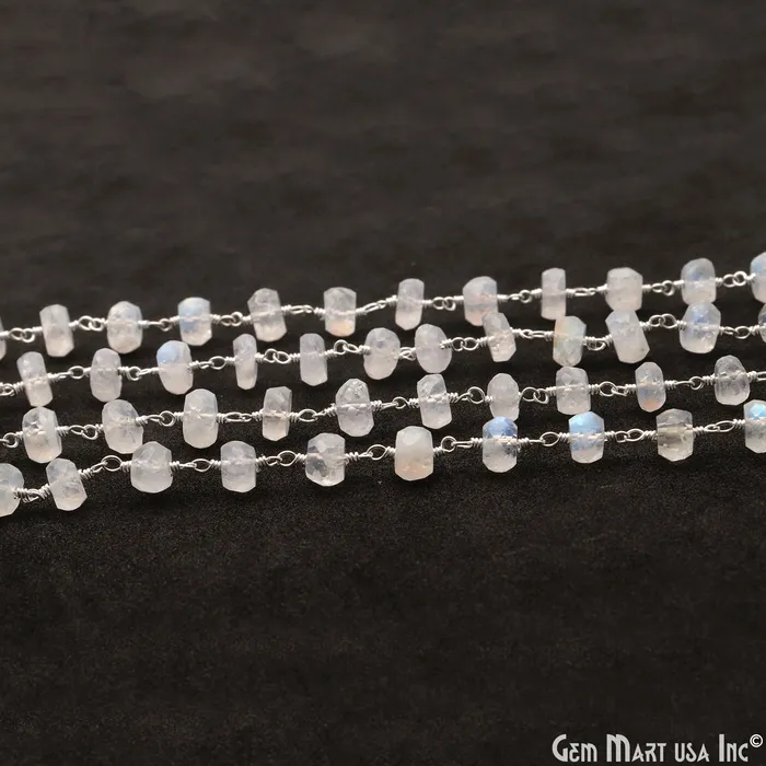 Rainbow Moonstone 67mm Silver Wire Wrapped Rondelle Faceted Bead Rosary Chain GemMartUSA Necklaces