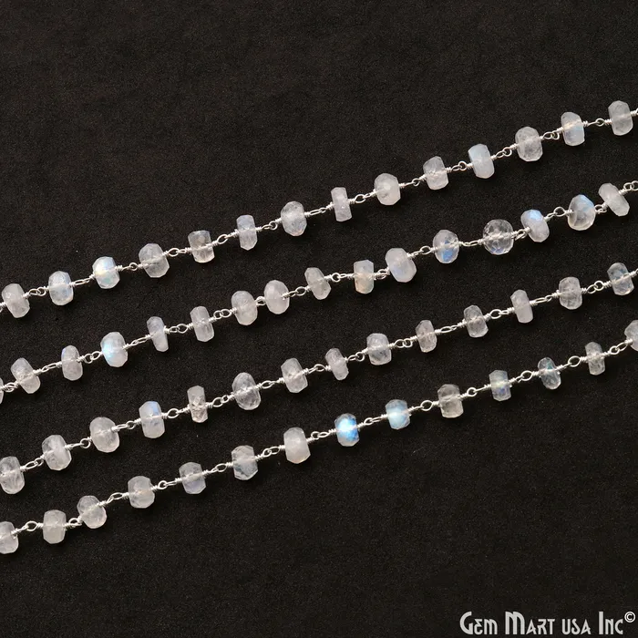 Rainbow Moonstone 67mm Silver Wire Wrapped Rondelle Faceted Bead Rosary Chain GemMartUSA Necklaces