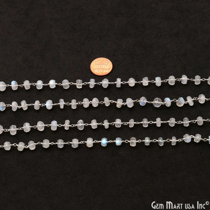 Rainbow Moonstone 67mm Silver Wire Wrapped Rondelle Faceted Bead Rosary Chain GemMartUSA Necklaces