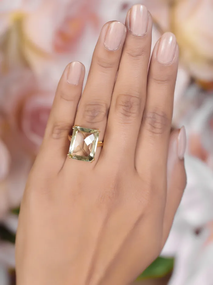 YoTreasure Green Amethyst Solid 925 Sterling Silver Gold Plated Ring Jewelry Rings YoTreasure Green Amethyst Solid 925 Sterling Silver Gold Plated Ring Jewelry Rings
