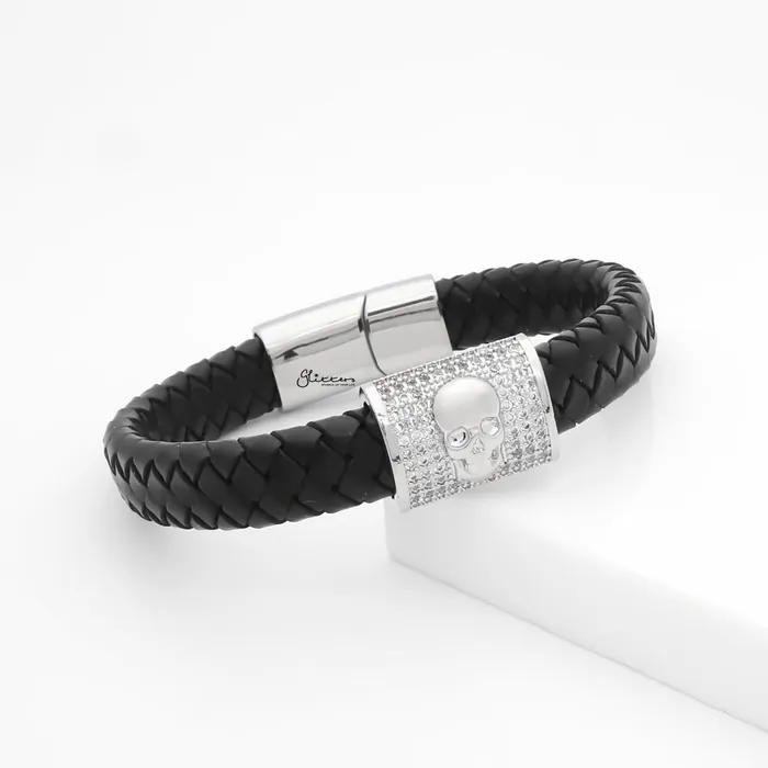 Bracelets CZ Paved Skull Braided Leather Bracelet Glitters