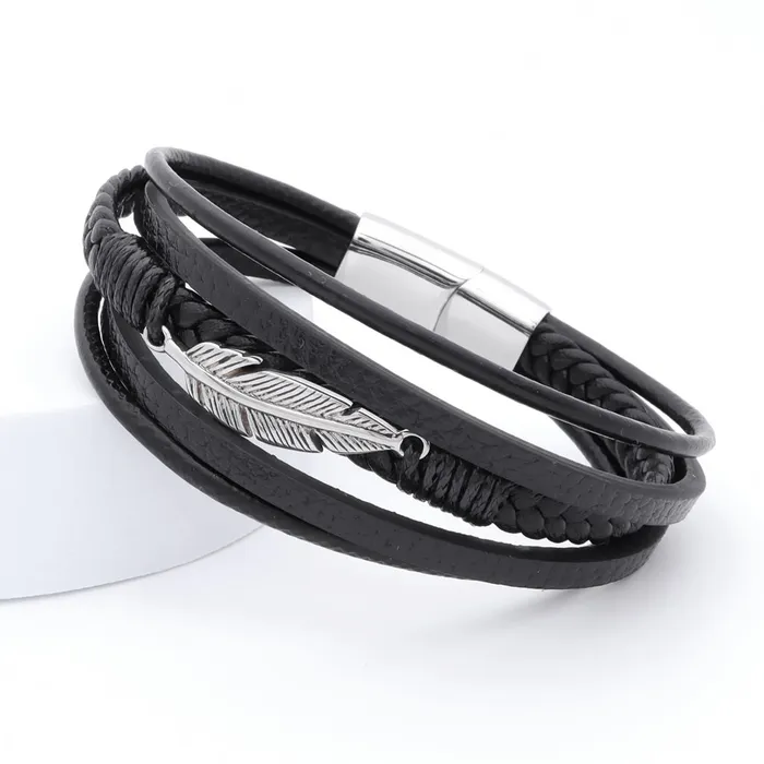 Multilayer Leather Bracelet with Feather Ornament Glitters Bracelets