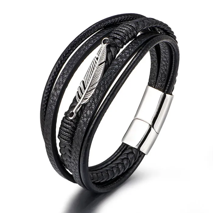Multilayer Leather Bracelet with Feather Ornament Glitters Bracelets